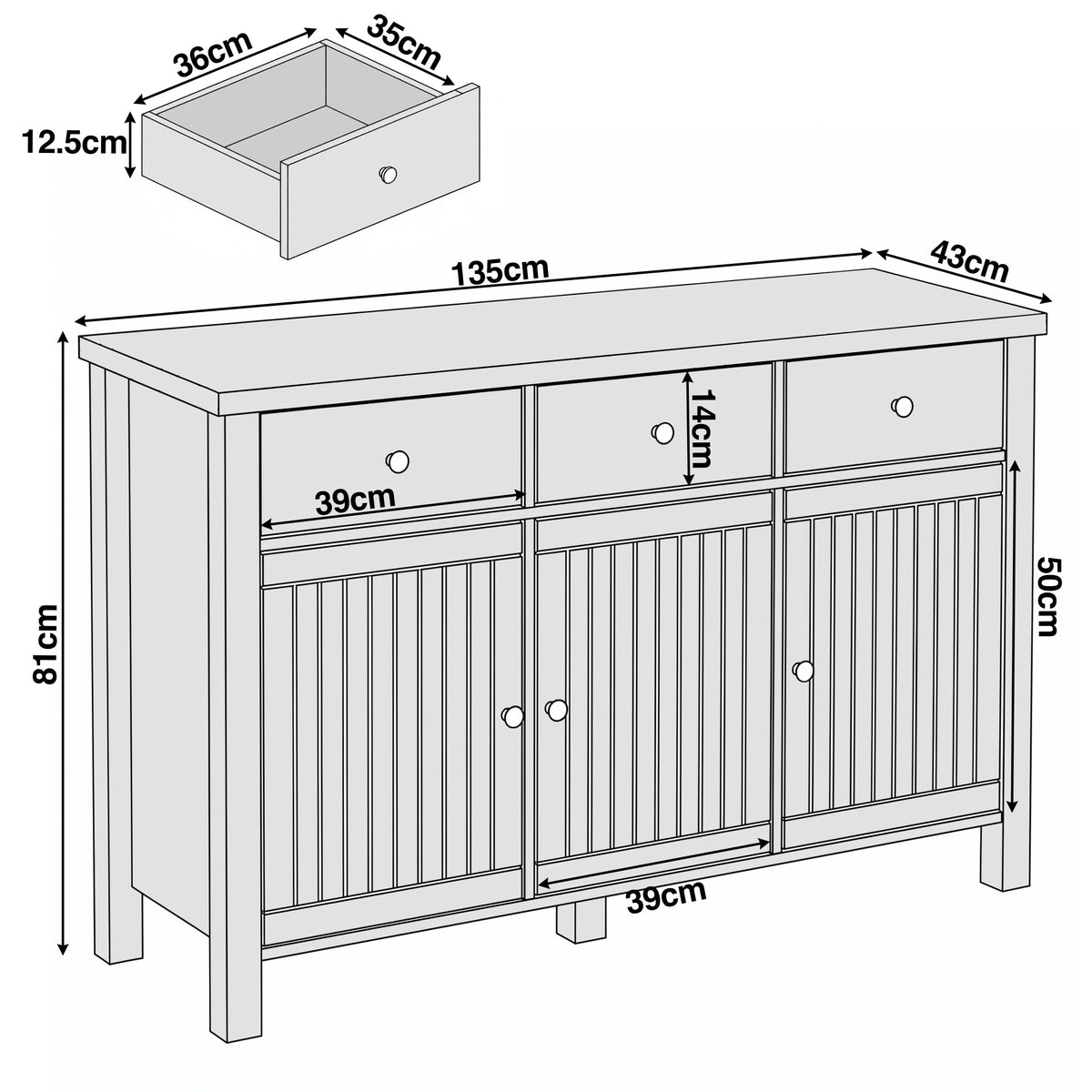 Linra sideboard dimensions 135 x 43 x 81 cm with door opening 39 x 50 and drawer 39 x 14
