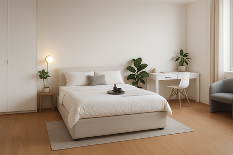 Small bedroom with an ottoman bed, bedside table, and potted plants, styled to look more spacious.