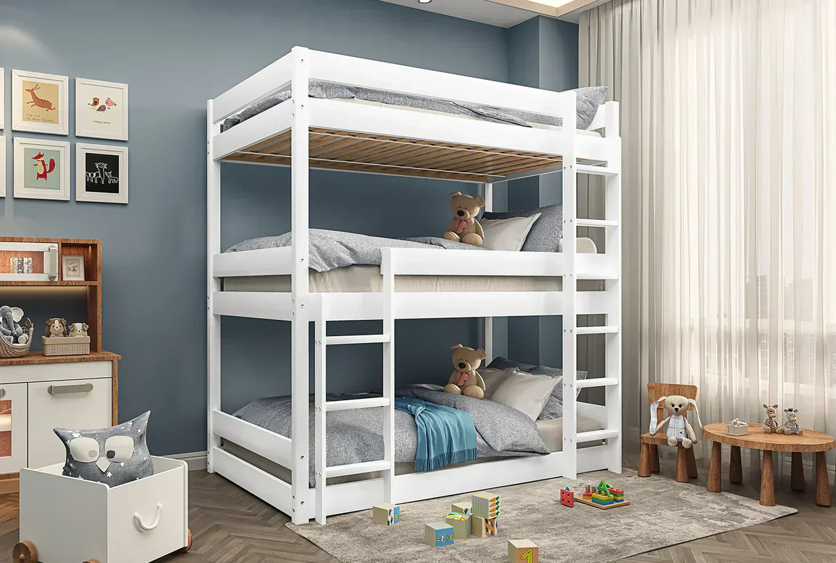 White triple bunk bed in a bedroom.
