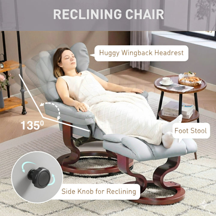 Swivel Recliner Chair with Footstool - Recliner Armchair by DHS featuring a 135° recline, huggy wingback headrest, and side knob for reclining.