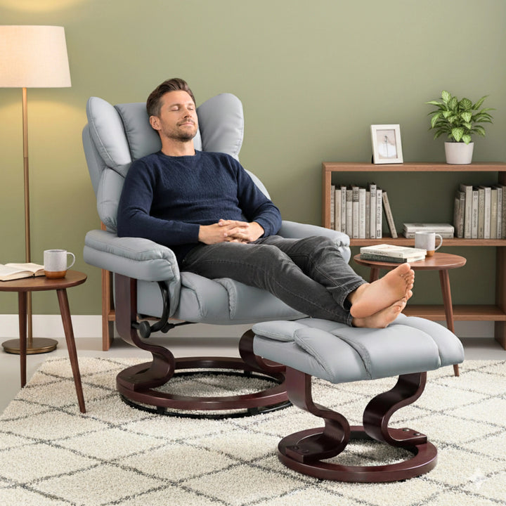 Swivel Recliner Chair with Footstool - Recliner Armchair in grey leather with wooden base, ideal for living rooms. Includes padded backrest and armrests.