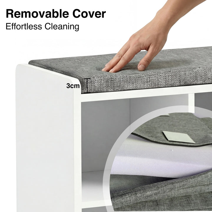 [White] Shoe Storage Bench with Cushion featuring a 3cm thick removable grey fabric cover for easy cleaning