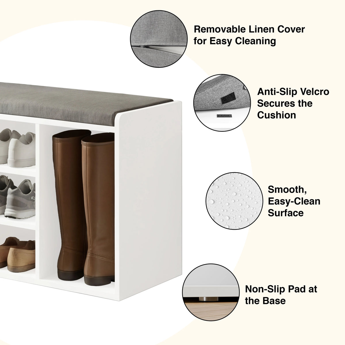 [White] Shoe Storage Bench with Cushion featuring removable linen cover, anti-slip Velcro, smooth easy-clean surface
