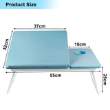 Portable Folding Laptop Desk with height adjustable legs and built-in cup holder, measuring 55cm wide and 25cm tall, ideal for bed or sofa use.