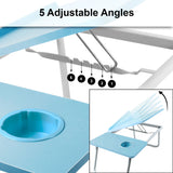 Portable folding laptop desk in blue with 5 adjustable angles and built-in cup holder, ideal for bed or sofa use. DHS height adjustable table for comfort.