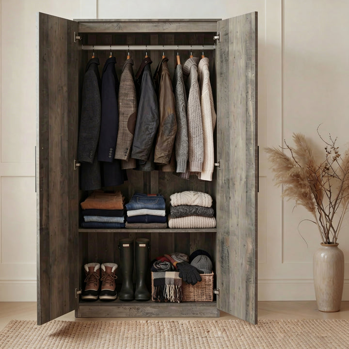 [Ash Grey]  two door plain wardrobe interior with hanging rail section and lower shelf storage space