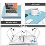 Portable folding laptop desk with anti-slip baffle and built-in cup holder, ideal for bed or sofa use. Height adjustable and foldable for easy storage.