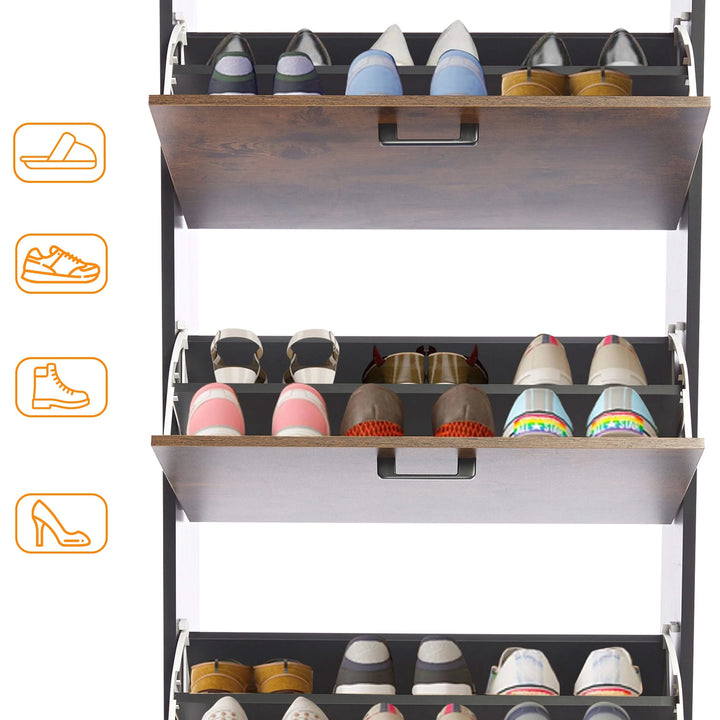 [Black & Rustic] Wooden shoe cabinet with all three doors open, showing shoes of different types including Crocs, slippers, boots and wellies.
