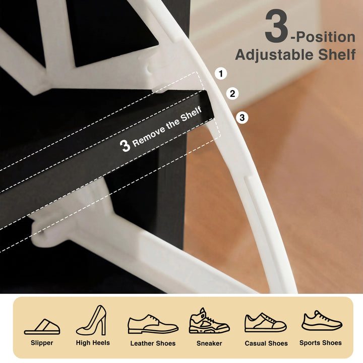 [Black] Interior shelf adjustment detail with positions 1 2 3 and removable option for different shoe heights