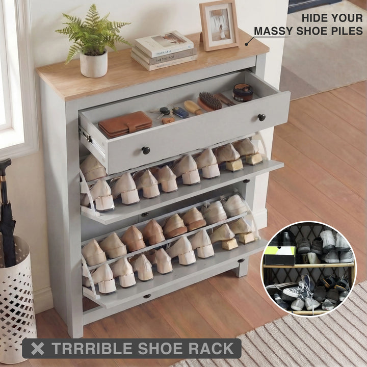 [Grey] Drawer and both shoe compartments open displaying full storage capacity for shoes and hallway essentials