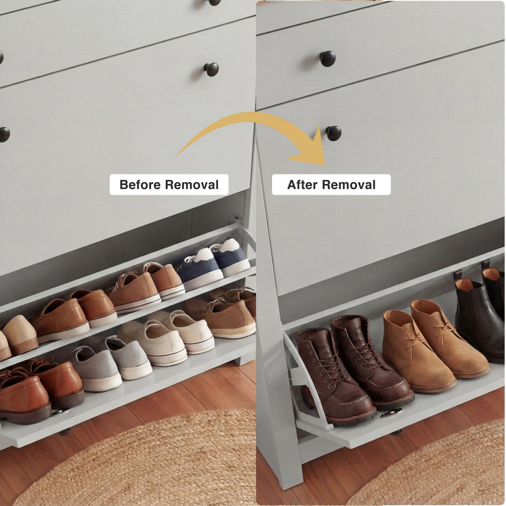 [Grey] Comparison of shoe compartment with rack holding flat shoes vs rack removed accommodating boots