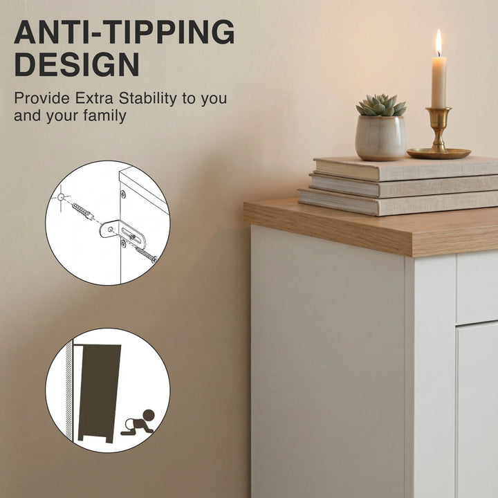 [White] Wall anchor stability kit diagram showing how bracket and strap secure cabinet to wall