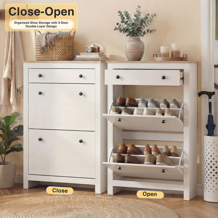 [White] Before and after style comparison showing shoe cabinet doors closed vs open with organised shoe storage