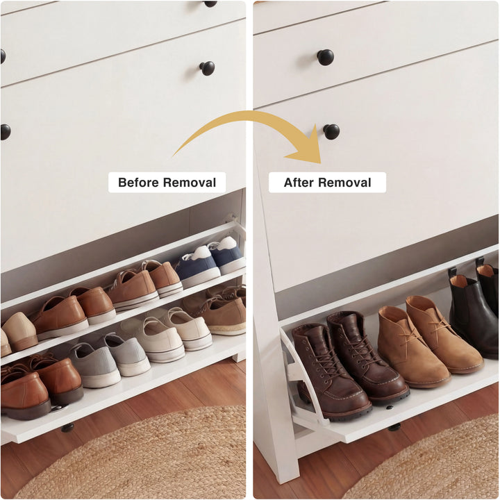 [White] Before and after shelf removal showing flat shoes on rack vs tall boots stored without shelf