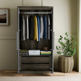 [Wooden Grey+Grey] Skova 3 Piece Bedroom Set wardrobe open to show hanging clothes, two drawers, and shelf storage in dark wood finish