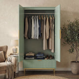 [Sage Green] flutrina double wardrobe with hanging space and a bottom drawer, placed against a wall on a wooden floor