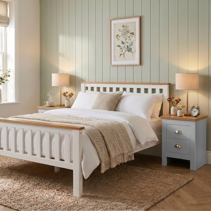 [Grey] Bedroom with a wooden bed, nightstands, and decorative elements.