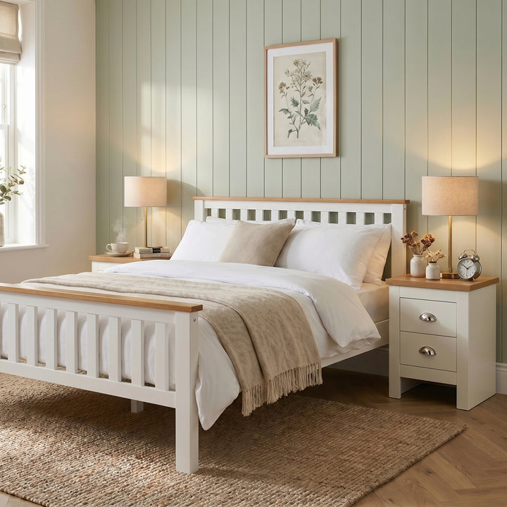 [White]  Bedroom with wooden bed, nightstands, and lamps against a light green wall.