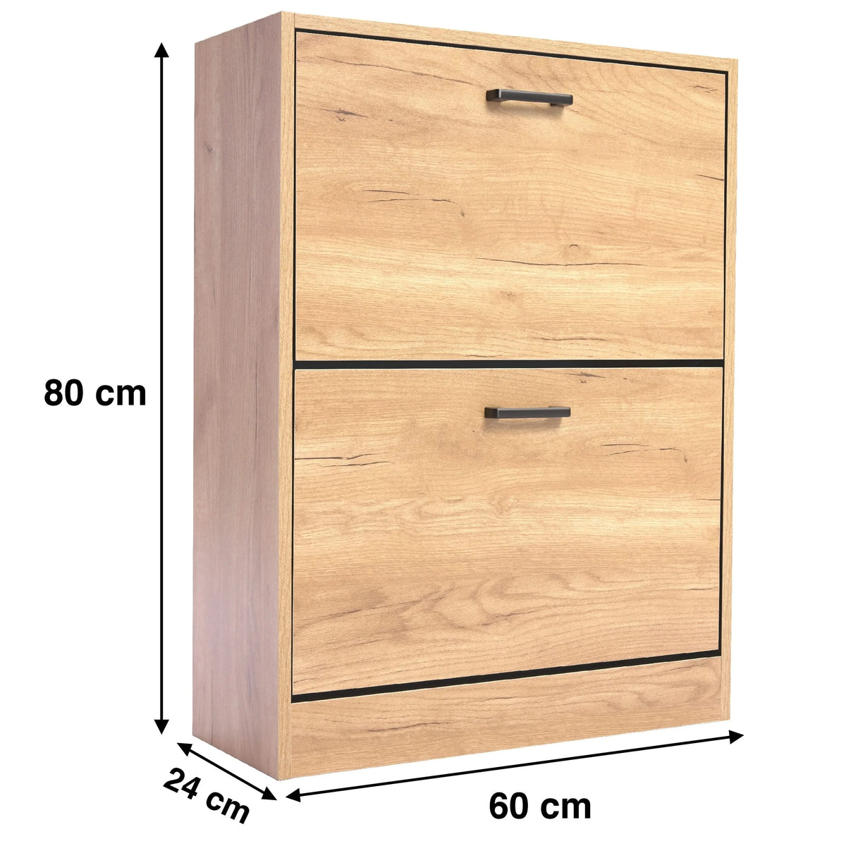 [Pine] Dimensions of slim 2 door shoe cabinet in pine: width 60 cm, depth 24 cm, and height 80 cm.