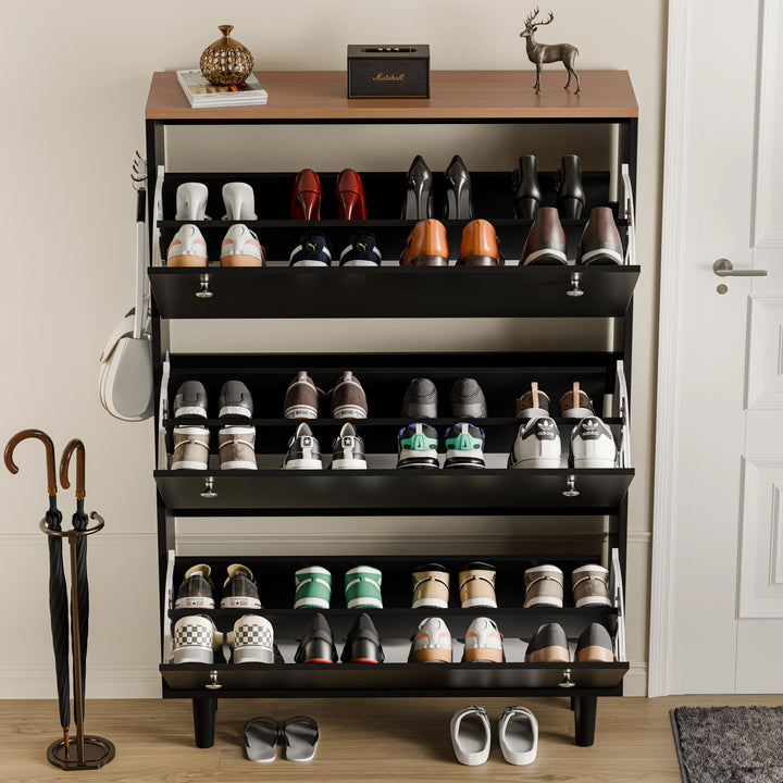 [Black] Front view of shoe cabinet with every pull-down door dropped, six sloped shelves loaded
