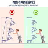 [Black] Anti-tip safety diagram: child pushing unsecured shoe cabinet vs wall-anchored cabinet