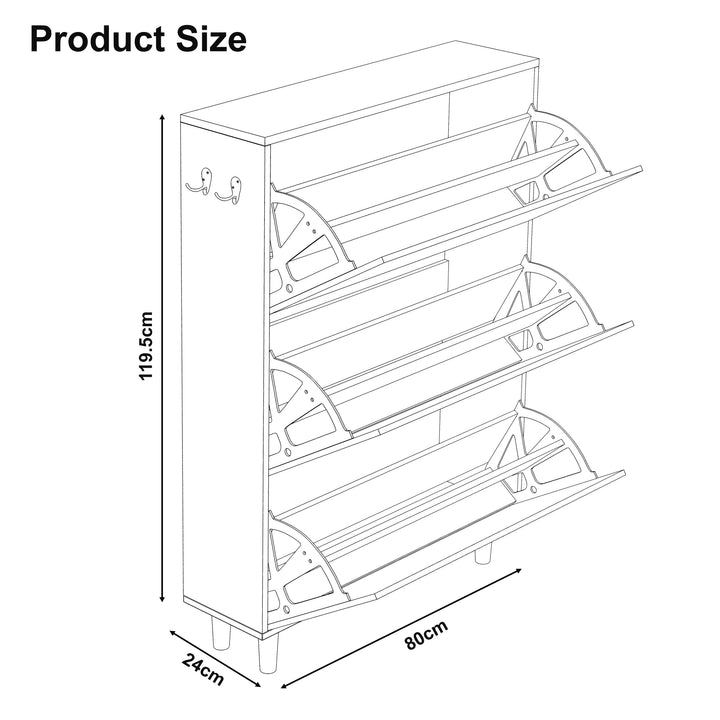 [Black] Line diagram showing shoe cabinet measurements W 80 x D 24 x H 119.5 cm with hooks and legs
