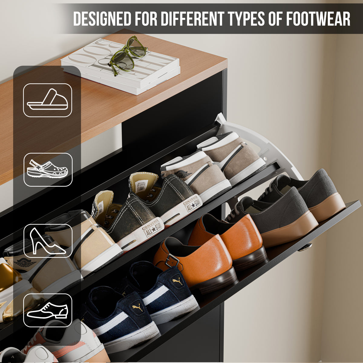 [Black] Close-up of 3 door shoe cabinet showing two angled tiers holding mixed shoes and boots