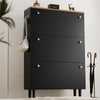 [Black] Tall narrow shoe cabinet with oak-effect top, round knobs, side hooks and four tapered legs