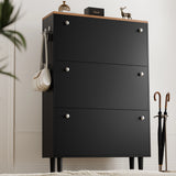 [Black] Tall narrow shoe cabinet with oak-effect top, round knobs, side hooks and four tapered legs