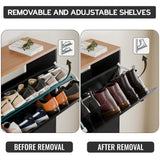 [Black] Shoe cabinet shelf removed to store tall boots, compared to both tiers holding shoes