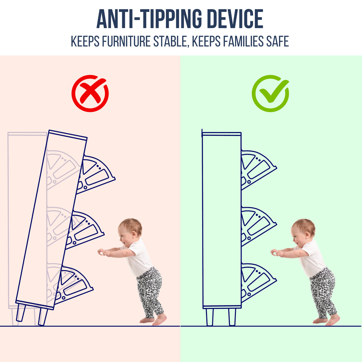 [White] Shoe cabinet anti-tipping graphic, child and toppling cabinet on one side, secured cabinet on other