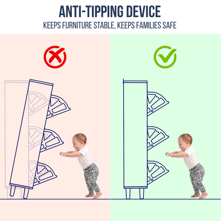 [White] Shoe cabinet anti-tipping graphic, child and toppling cabinet on one side, secured cabinet on other