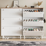 [White] Shoe cabinet side-by-side pair, closed cabinet next to open cabinet showing sloped shoe shelves