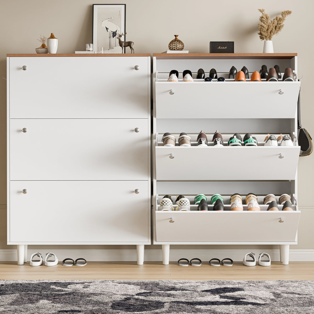 [White] Shoe cabinet side-by-side pair, closed cabinet next to open cabinet showing sloped shoe shelves