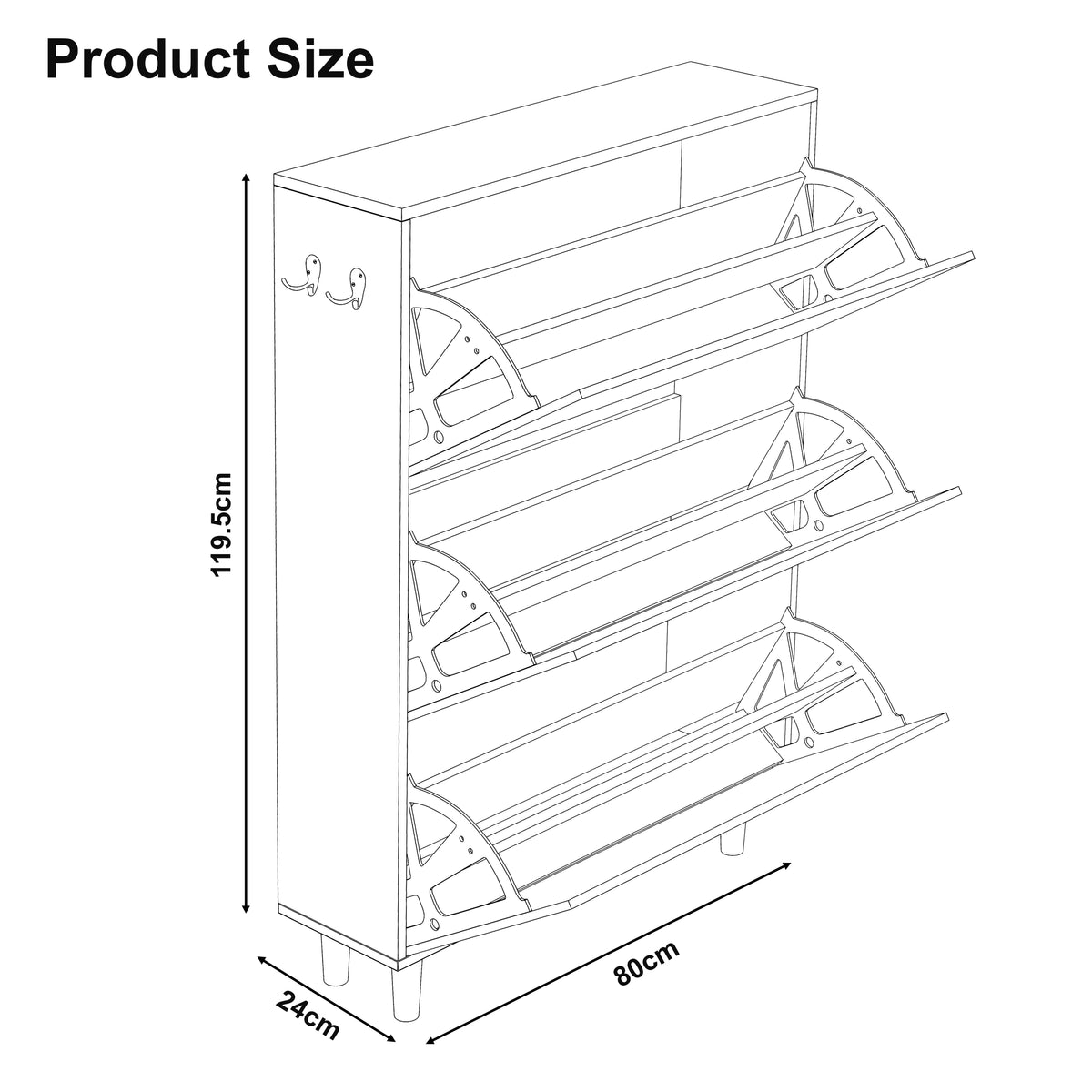 [White] Shoe cabinet line diagram with external measurements W 80 cm, D 24 cm and H 119.5 cm labelled