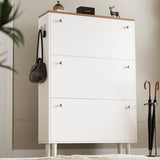 [White] Slim shoe cabinet head-on, oak-capped 3-door unit with tilt fronts and four angled legs