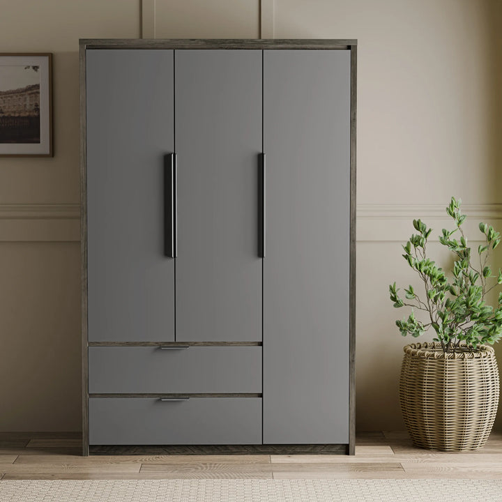[Wooden Grey+Grey] Skova 3 door 2 drawer wardrobe in grey on dark wood-effect frame, black handles