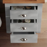 [Grey] Overhead view of grey shaker bedside with all 3 drawers cascade-open showing magazine and bowl