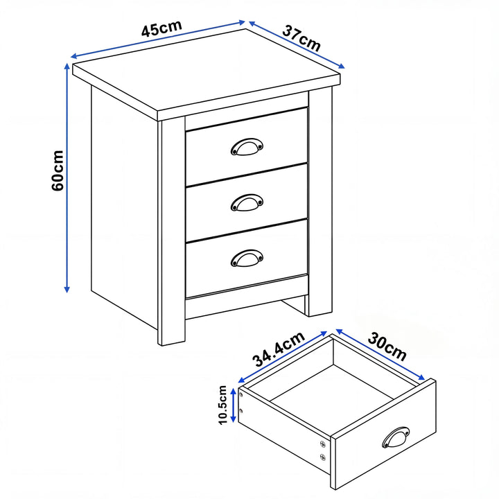 [White] Dimensions diagram showing 45cm width 37cm depth 60cm height with drawer internal measurements