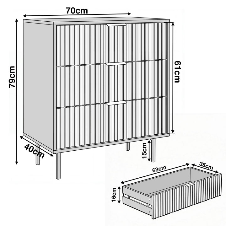 [Black] Dimension diagram of a black 3-drawer chest showing overall height 79 cm, a width of 70 cm, a depth of 40 cm, and drawer sizes