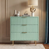 [Sage Green] flutrina 3 chest of drawers with gold handles and legs placed in a natural light room