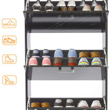 [Black Marble] Front view of black marble shoe cabinet, all three drawers tipped forward holding boots and heels