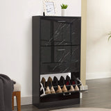 [Black Marble] Tall shoe cabinet with black marble fronts beside framed photo and plant, bottom drawer tipped open
