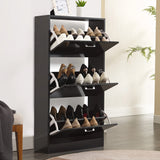 [Black Marble] Angled view of black marble 3 drawer shoe cabinet with all three flip drawers hinged open
