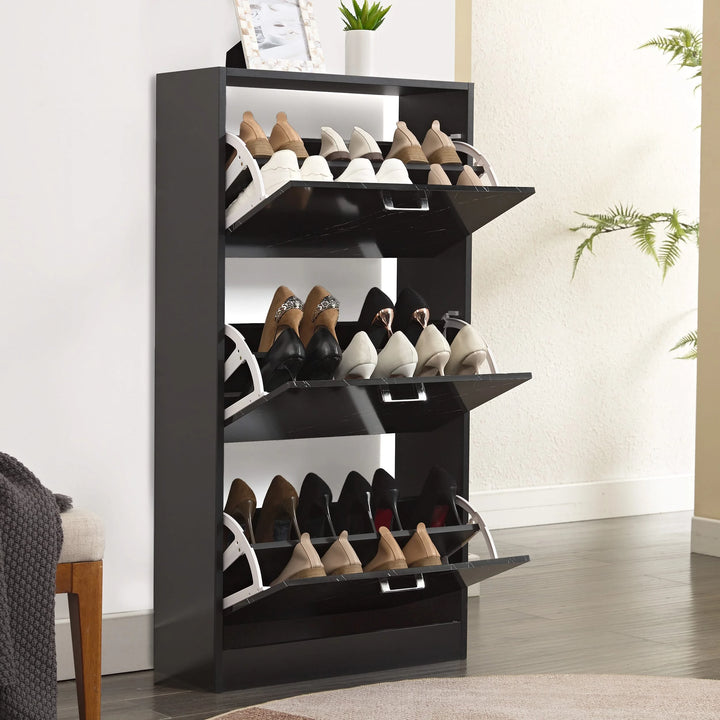 [Black Marble] Angled view of black marble 3 drawer shoe cabinet with all three flip drawers hinged open