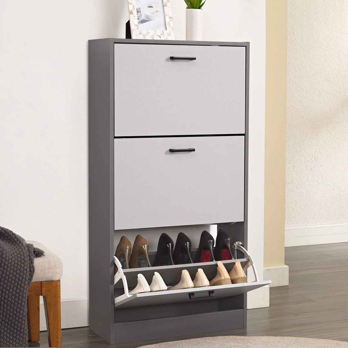 [Dark Grey & Silver Grey] Slim shoe cabinet in dark grey with silver-grey fronts, lowest drawer open showing stored shoes