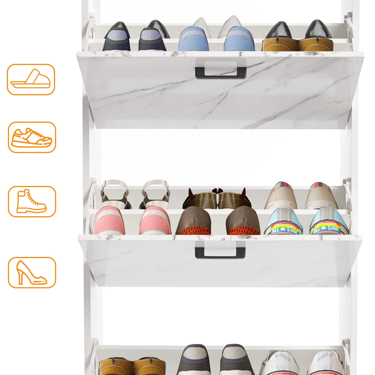 [White Marble] Tall white marble shoe cabinet showing top, middle and bottom drawers fully open with footwear