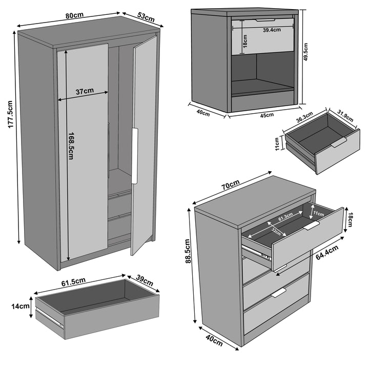 [Wooden Grey+Grey] Skova 3 Piece Bedroom Set - Wardrobe and Chest of Drawers with detailed dimensions including 2-door wardrobe, chest of drawers, and bedside table.