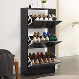 [Black] Tall shoe cabinet with all drawers fully open, arranged to fit an 18 pair shoe storage cabinet setup.