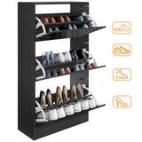 [Black] Open wooden shoe cabinet with three doors revealing space for Crocs, slippers, boots, and wellies.